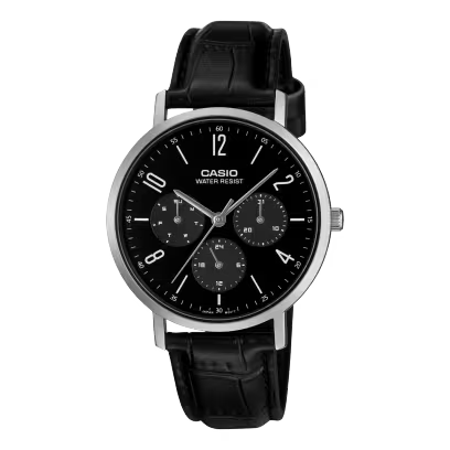 Casio Men's Slim Analog Watch – Black Dial Leather Band