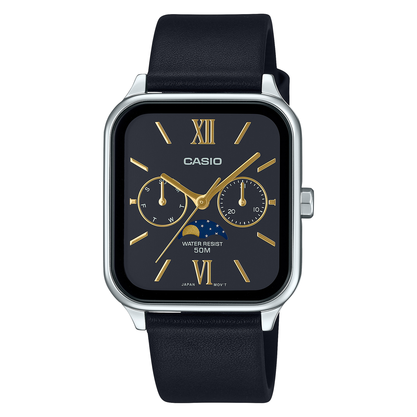 Casio Multi-Hand Moon Phase Analog Black Dial Leather Strap Men's Watch MTP-M305L-1A2VDF